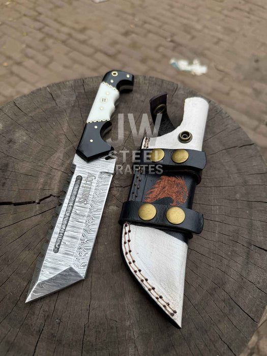 10-Inch Damascus Tracker Knife — Black & White Resin Handle, Filework Spine, Curved Guard & Leather Sheath