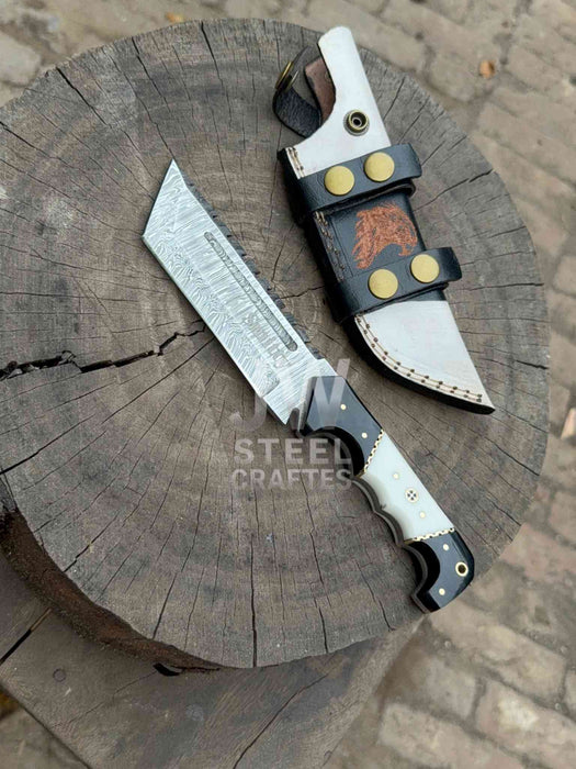 10-Inch Damascus Tracker Knife — Black & White Resin Handle, Filework Spine, Curved Guard & Leather Sheath