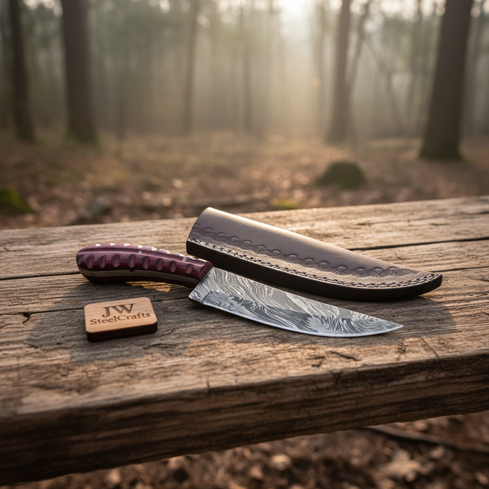 Damascus Trailing Point Skinner Knife with Red Wood Handle – 9 Inch Overall