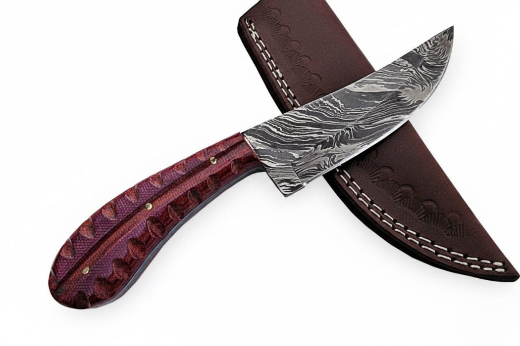 Damascus Trailing Point Skinner Knife with Red Wood Handle – 9 Inch Overall