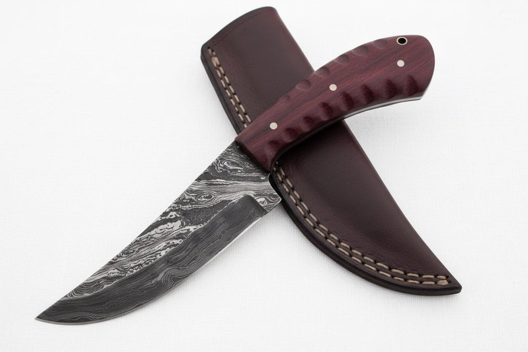 Damascus Trailing Point Skinner Knife with Red Wood Handle – 9 Inch Overall