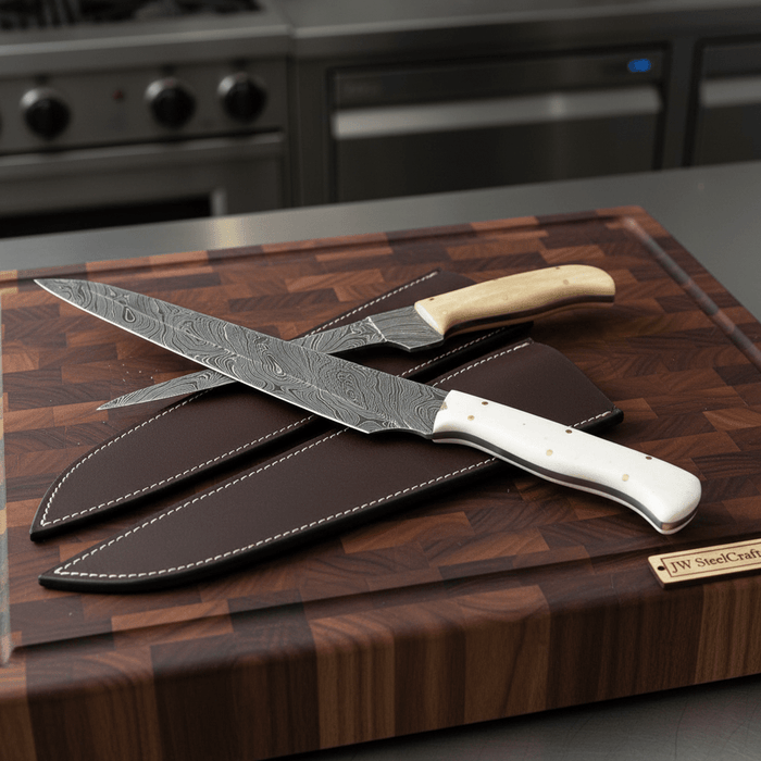 2-Piece Damascus Carving & Utility Knife Set — Feather Pattern Blades, White Camel Bone Handles
