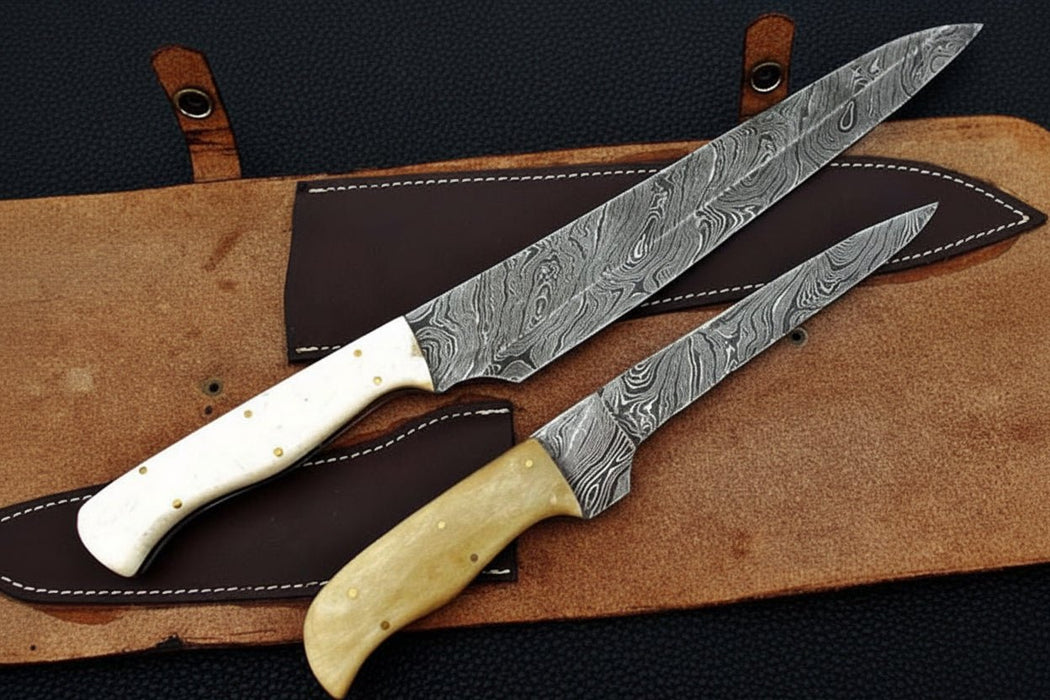 2-Piece Damascus Carving & Utility Knife Set — Feather Pattern Blades, White Camel Bone Handles