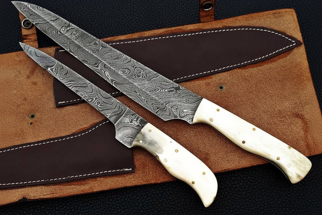 2-Piece Damascus Carving & Utility Knife Set — Feather Pattern Blades, White Camel Bone Handles