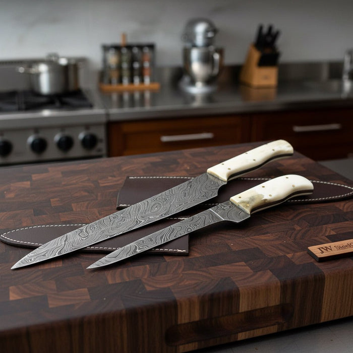 2-Piece Damascus Carving & Utility Knife Set — Feather Pattern Blades, White Camel Bone Handles