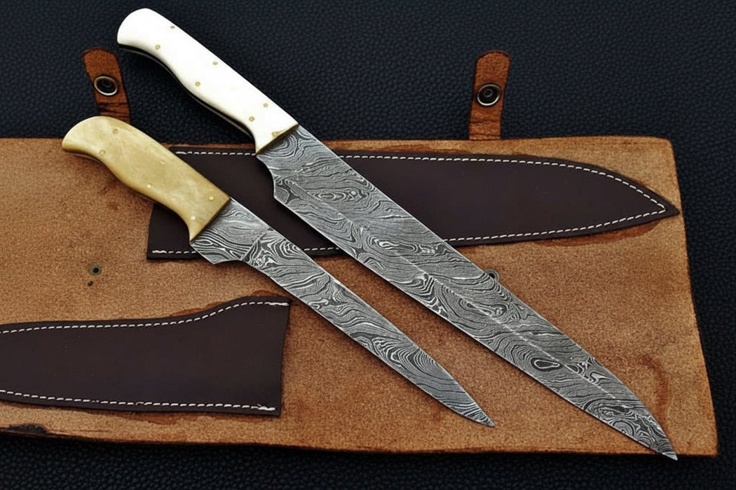 2-Piece Damascus Carving & Utility Knife Set — Feather Pattern Blades, White Camel Bone Handles