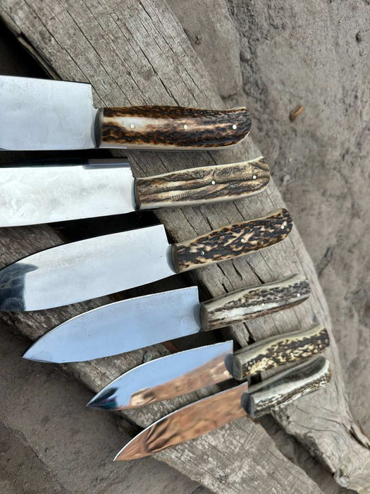 6-Piece High Carbon Steel Chef Knife Set — Synthetic Stag Antler Handles, Brass Pins & Satin Finish Blades