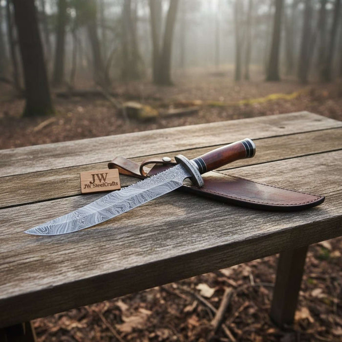 Handmade Clip Point Bowie Knife Forged Damascus Steel Fixed Blade by JW SteelCrafts