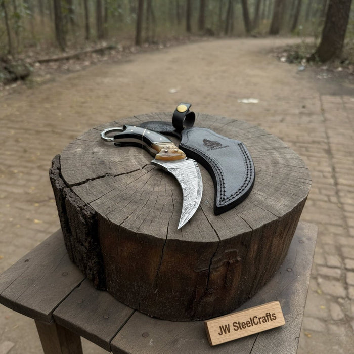 Handmade Damascus Karambit Knife with Horn Handle and Finger Ring