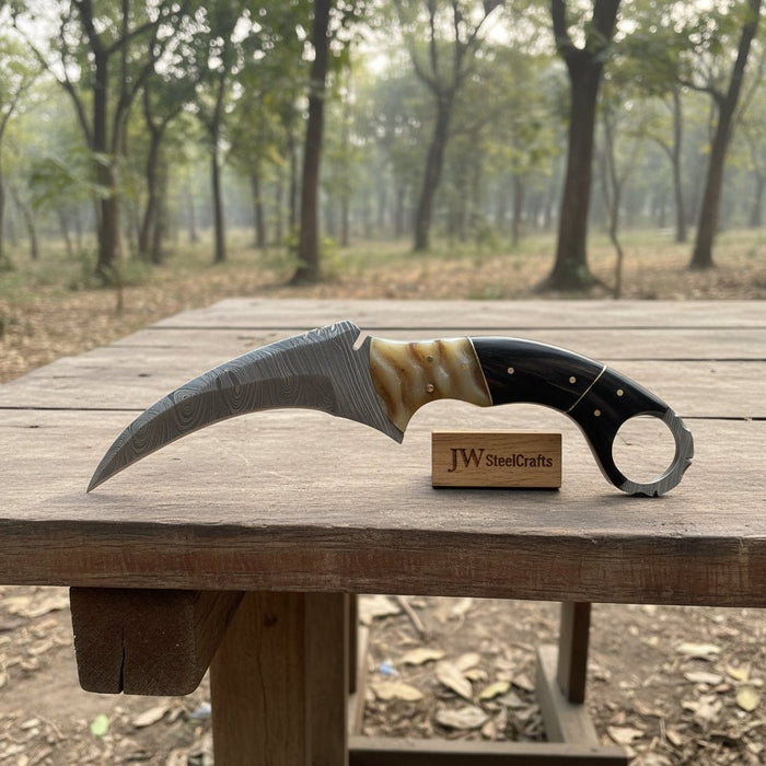 Handmade Damascus Karambit Knife with Horn Handle and Finger Ring