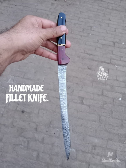 Handmade Damascus Boning Knife, JW SteelCrafts, Full Tang Fillet with Micarta and Resin Handle