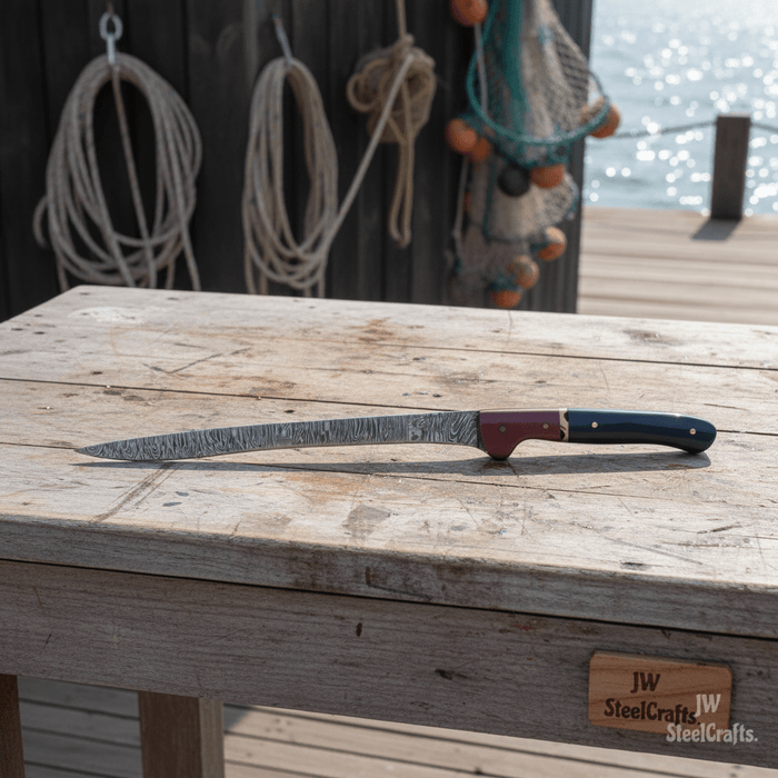 Handmade Damascus Boning Knife, JW SteelCrafts, Full Tang Fillet with Micarta and Resin Handle