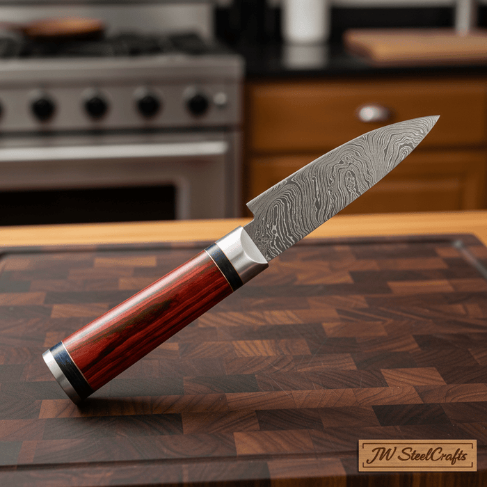 Handmade Damascus Petty Knife – 4-Inch Blade | Red Pakkawood Handle & Steel Bolster | 8" Overall