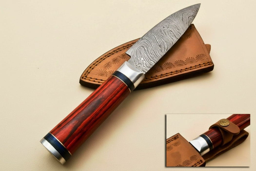 Handmade Damascus Petty Knife – 4-Inch Blade | Red Pakkawood Handle & Steel Bolster | 8" Overall