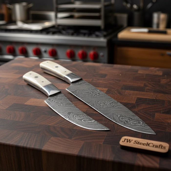 2-Piece Damascus Chef Knife Set — 10 & 8 Inch Wave Pattern Blades, White Camel Bone Handles & Steel Bolsters | JW Steel Crafts
