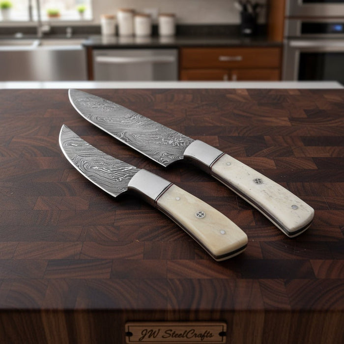 2-Piece Damascus Chef Knife Set — 10 & 8 Inch Wave Pattern Blades, White Camel Bone Handles & Steel Bolsters | JW Steel Crafts