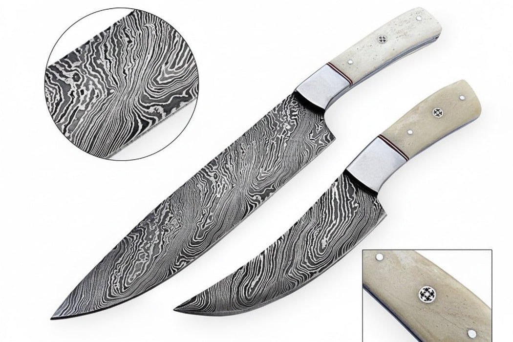 2-Piece Damascus Chef Knife Set — 10 & 8 Inch Wave Pattern Blades, White Camel Bone Handles & Steel Bolsters | JW Steel Crafts
