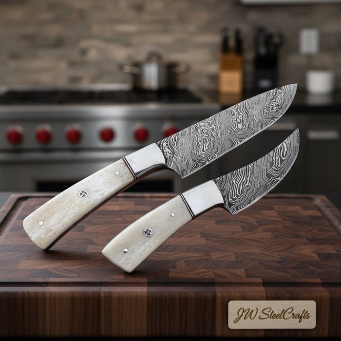 2-Piece Damascus Chef Knife Set — 10 & 8 Inch Wave Pattern Blades, White Camel Bone Handles & Steel Bolsters | JW Steel Crafts