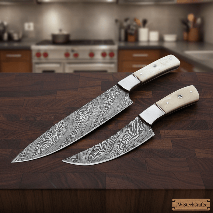 2-Piece Damascus Chef Knife Set — 10 & 8 Inch Wave Pattern Blades, White Camel Bone Handles & Steel Bolsters | JW Steel Crafts
