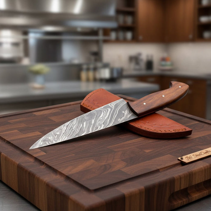 Damascus Chef Knife Set — 10" Chef Knife & 9" Utility Knife with Rosewood Handles and Leather Sheaths