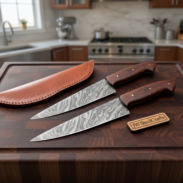 Damascus Chef Knife Set — 10" Chef Knife & 9" Utility Knife with Rosewood Handles and Leather Sheaths