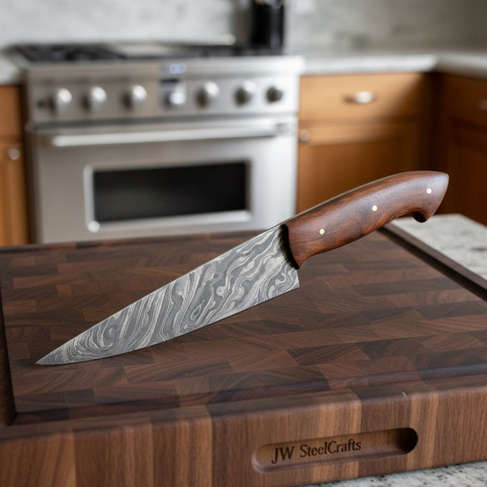Damascus Chef Knife Set — 10" Chef Knife & 9" Utility Knife with Rosewood Handles and Leather Sheaths
