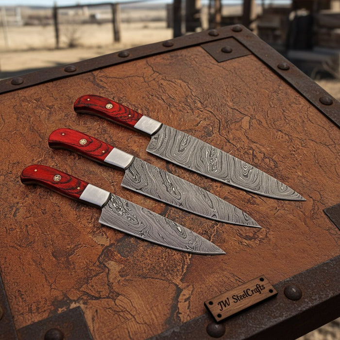 Piece Damascus Kitchen Knife Set — Kiritsuke, Chef & Utility with Red Pakka Wood Handles, Steel Bolsters & Mosaic Pins | JW Steel Crafts