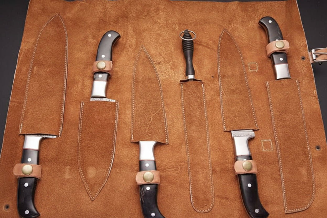 5-Piece Handmade Damascus Chef Knife Set, Full Tang Collection with Leather Roll and Sharpening Rod