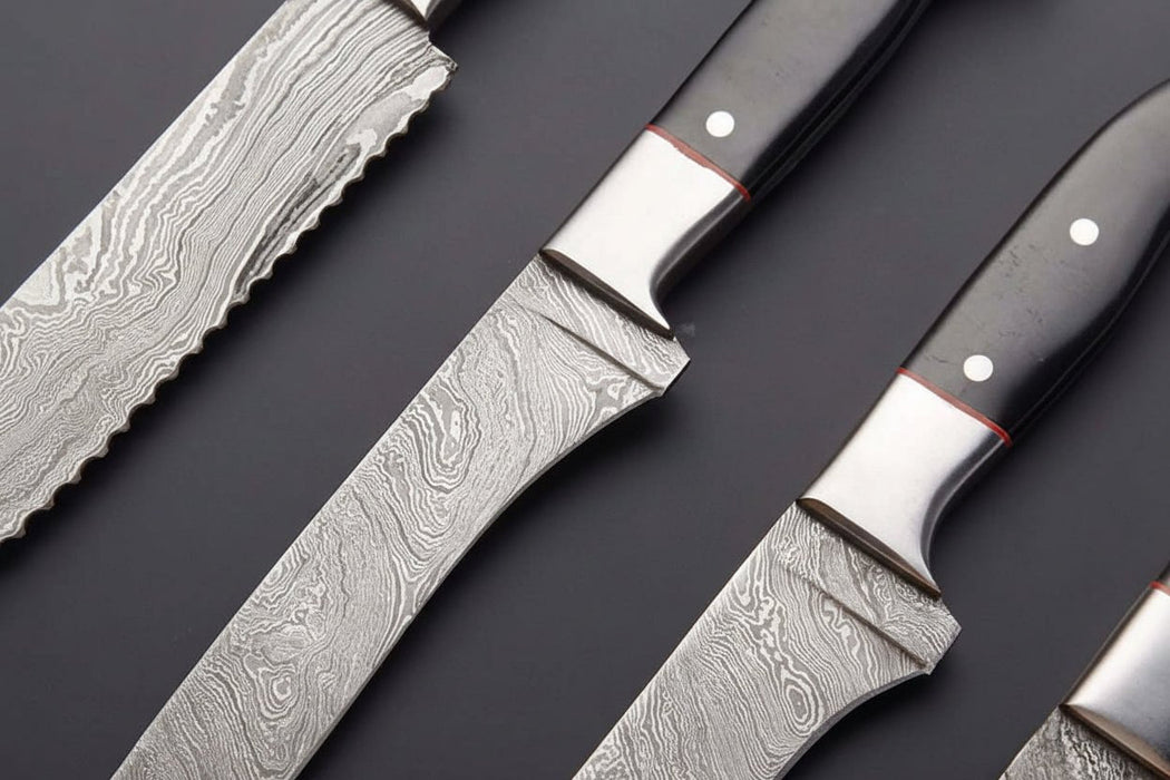 5-Piece Handmade Damascus Chef Knife Set, Full Tang Collection with Leather Roll and Sharpening Rod