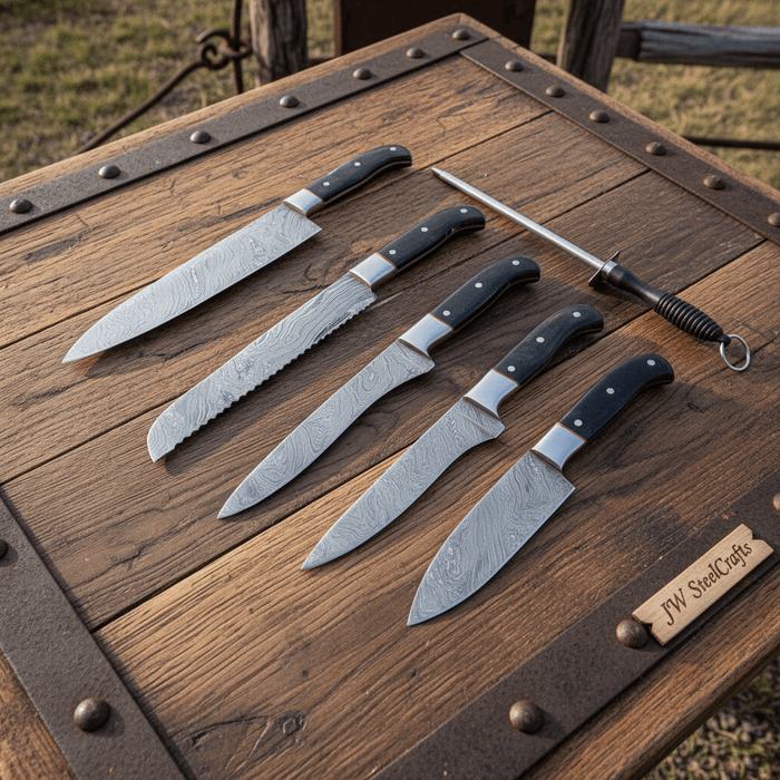 5-Piece Handmade Damascus Chef Knife Set, Full Tang Collection with Leather Roll and Sharpening Rod