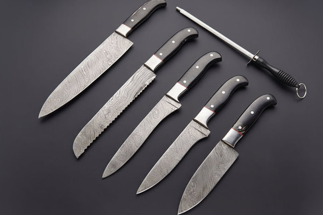 5-Piece Handmade Damascus Chef Knife Set, Full Tang Collection with Leather Roll and Sharpening Rod