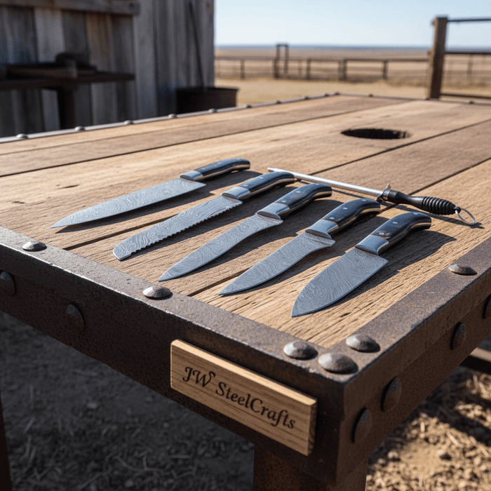 5-Piece Handmade Damascus Chef Knife Set, Full Tang Collection with Leather Roll and Sharpening Rod