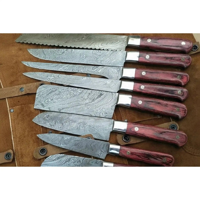 8-Piece Damascus Kitchen Knife Set — Red Pakka Wood Handles