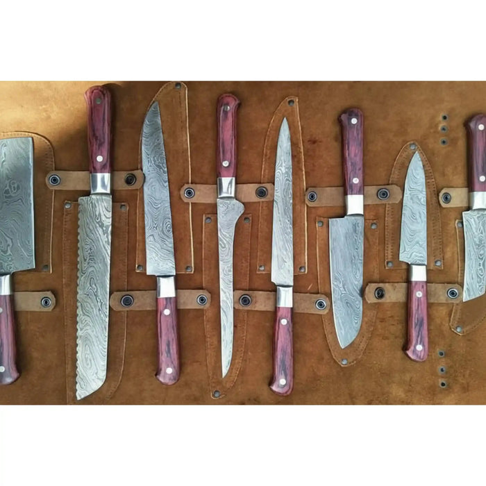 8-Piece Damascus Kitchen Knife Set — Red Pakka Wood Handles