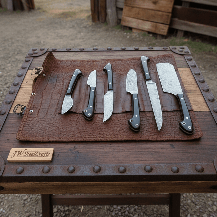 6-Piece Damascus Kitchen Knife Set with Leather Roll — Black Resin Handles, Steel Bolsters, 7 to 10 Inch Blades | JW Steel Crafts