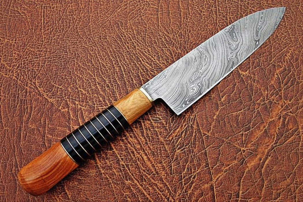 Handmade Damascus Chef Knife with Leather Sheath, 14 Inch Full Tang Kitchen Knife, 9 Inch Blade, Olive Wood Handle with Black Resin Spacers
