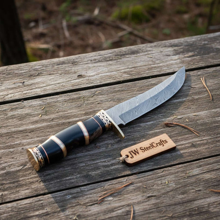 Handmade Damascus Clip Point Bowie Knife Full Tang Fixed Blade by JW SteelCrafts