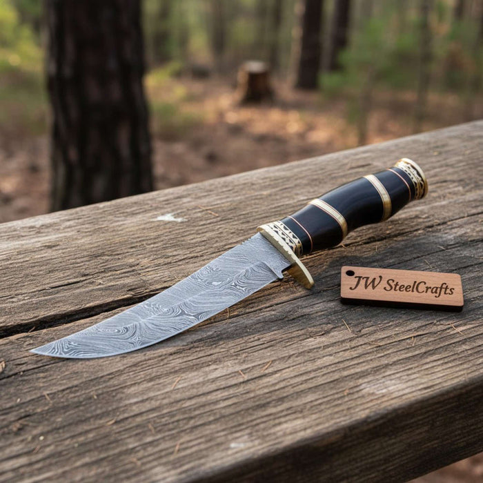 Handmade Damascus Clip Point Bowie Knife Full Tang Fixed Blade by JW SteelCrafts