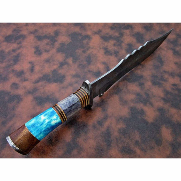 Handmade Damascus Clip Point Bowie Knife Stacked Bone and Wood Handle Fixed Blade JW SteelCrafts