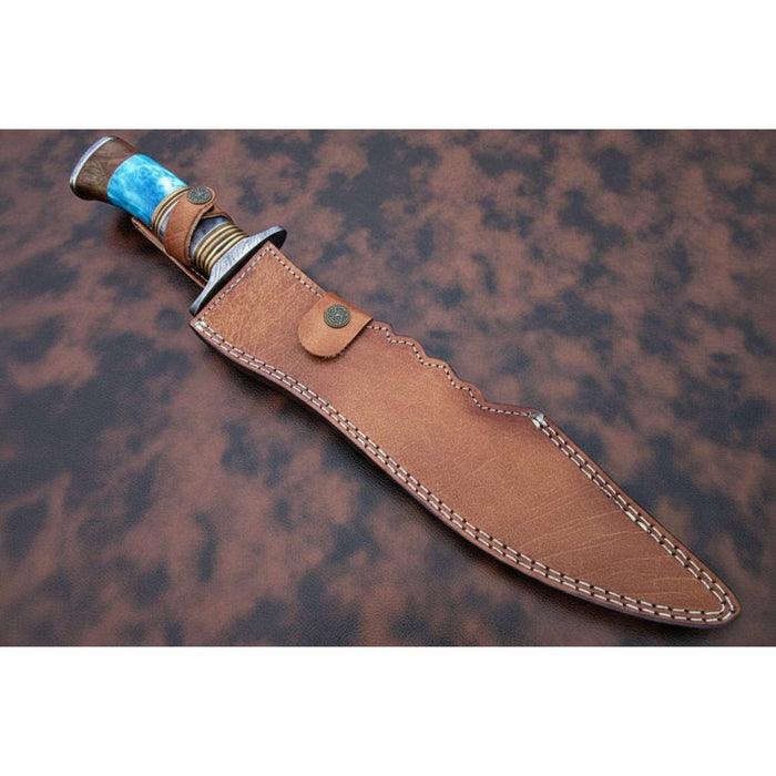 Handmade Damascus Clip Point Bowie Knife Stacked Bone and Wood Handle Fixed Blade JW SteelCrafts