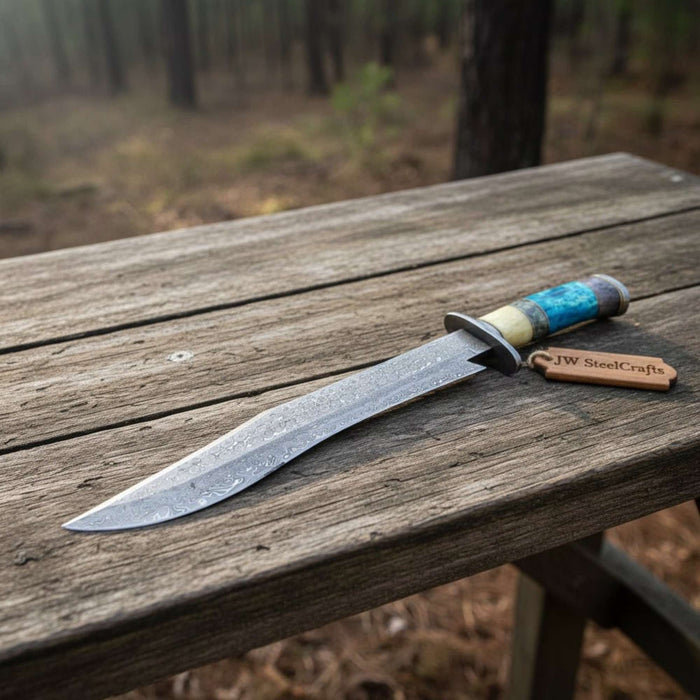Long California Clip Point Bowie Knife in Forged Damascus Steel