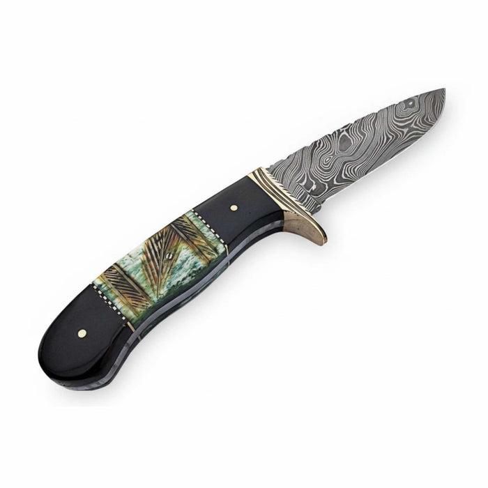 Compact Damascus Clip Point Bowie Knife with Green Bone Handle