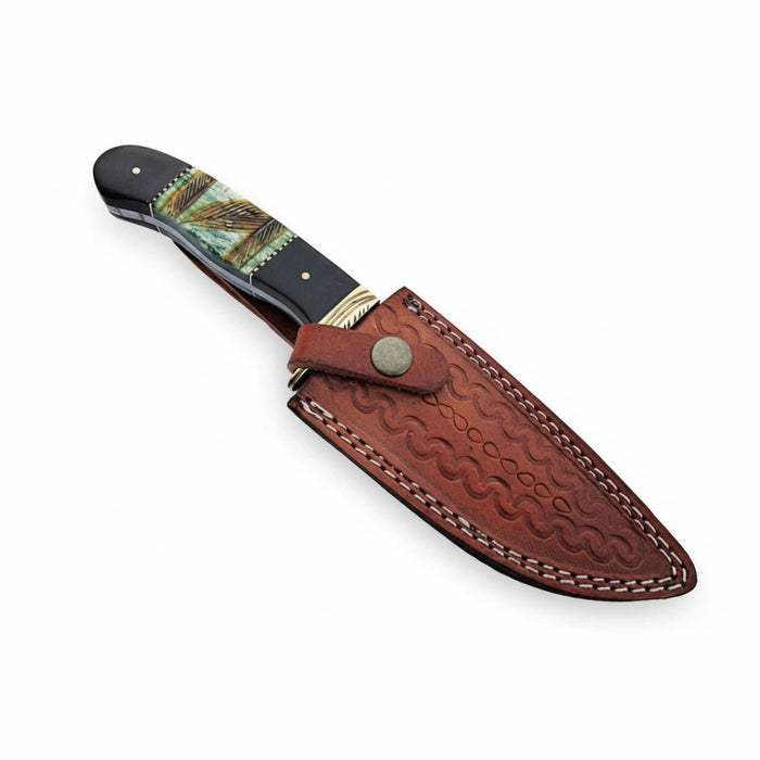 Compact Damascus Clip Point Bowie Knife with Green Bone Handle