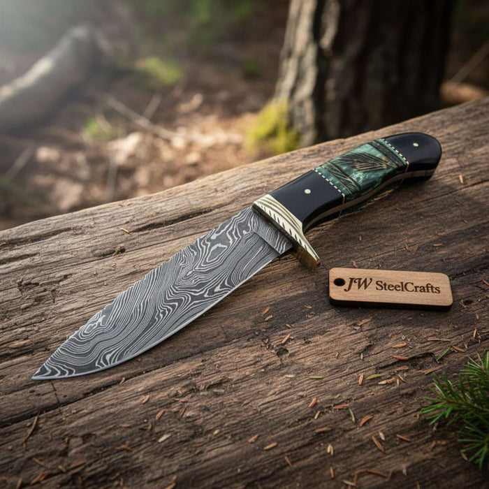 Compact Damascus Clip Point Bowie Knife with Green Bone Handle