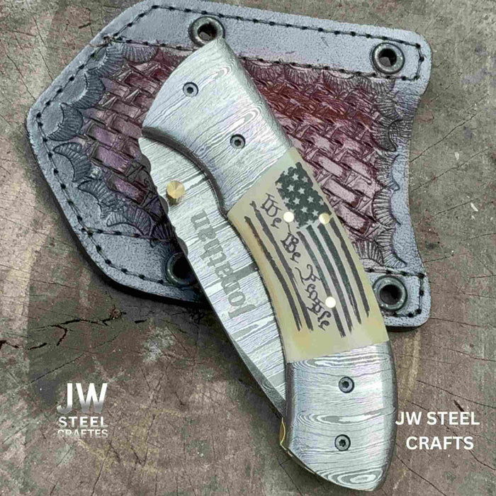 Handmade Damascus Drop Point Folding Knife – American Flag Handle, EDC Pocket Knife