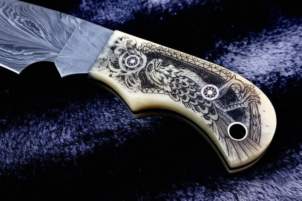 Handmade Damascus Drop Point Hunting Knife with Engraved Bone Handle and Leather Sheath