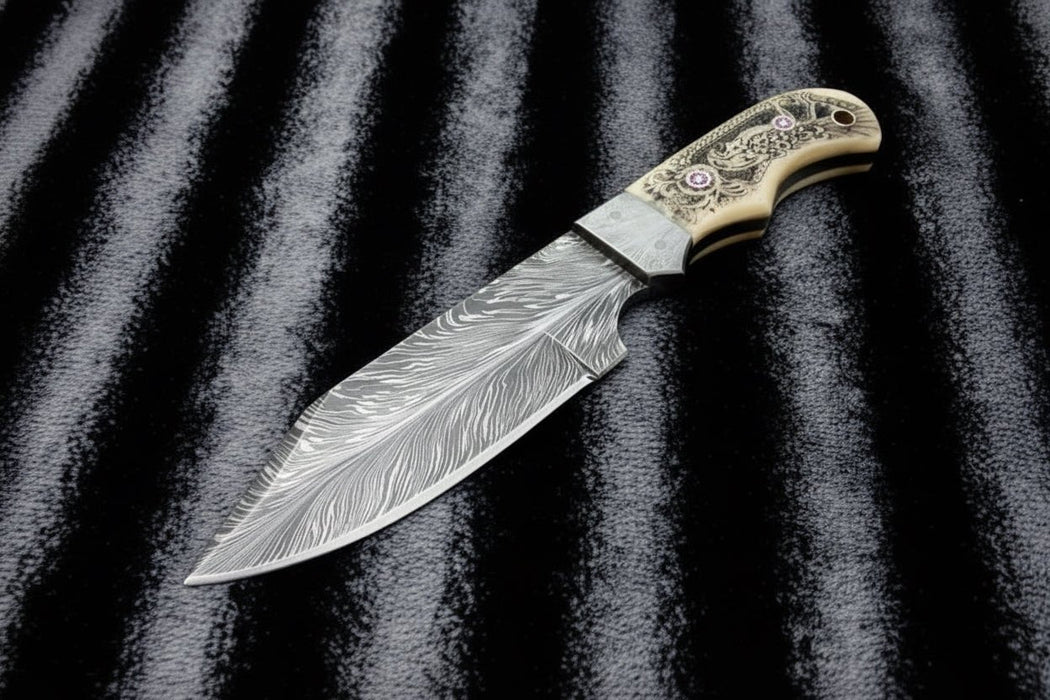 Handmade Damascus Drop Point Hunting Knife with Engraved Bone Handle and Leather Sheath