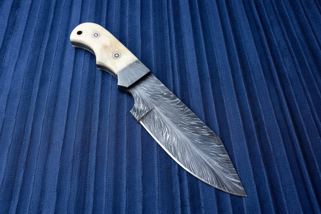 Handmade Damascus Drop Point Hunting Knife with Engraved Bone Handle and Leather Sheath