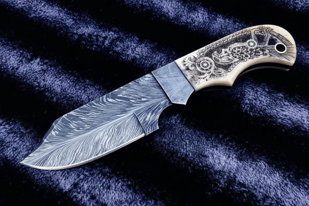 Handmade Damascus Drop Point Hunting Knife with Engraved Bone Handle and Leather Sheath