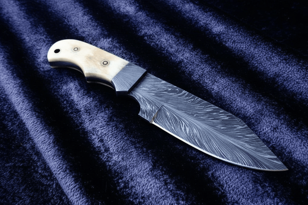 Handmade Damascus Drop Point Hunting Knife with Engraved Bone Handle and Leather Sheath